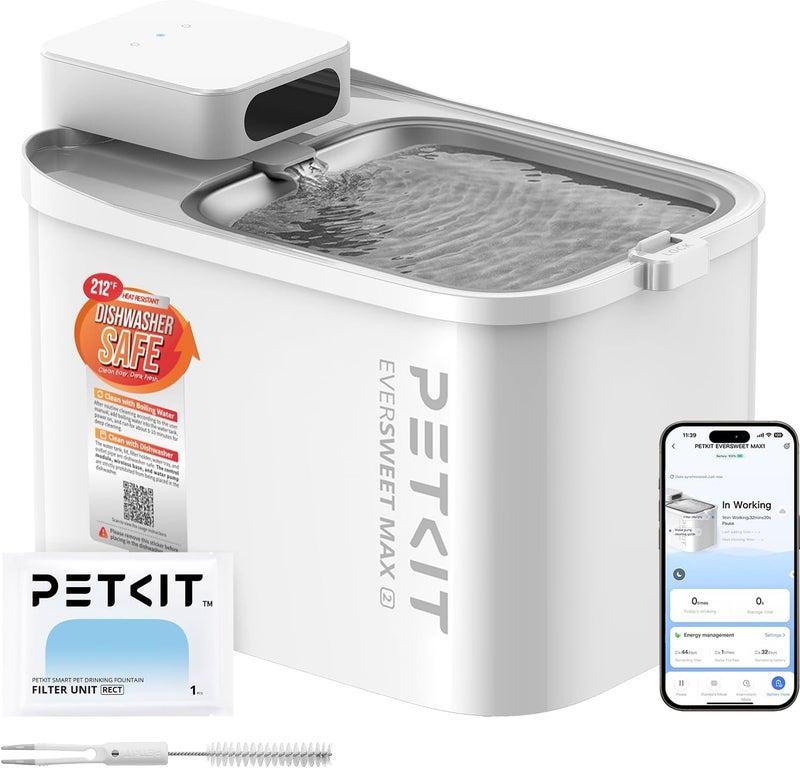 PETKIT Dishwasher Safe Cat Water Fountain, Cordless Automatic Cats Drinking Fountain with Motion Sensor, 101 oz/3L Pet Fountain for Cats Dogs Inside, Smart App Control & Stainless Steel Tray - Image 1